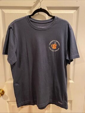 Life Is Good Navy Short Sleeve Tee with Orange Coffee Graphic